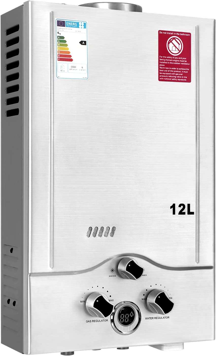 BreeRainz 12LPM Gasdurchlauferhitzer,24KW LPG Durchlauferhitzer mit Super Niedrigem 0,2 bar Startwasserdruck